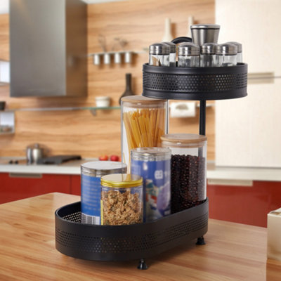 Black Metal 2-Tier Kitchen Rotating Spice Rack Desktop Storage Shelf