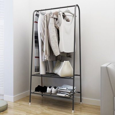 Black Metal Clothes Rail Clothes Rack Clothing Hanging Rail with 2 Tier Storage Shelf Shoe Rack 60cm (W)
