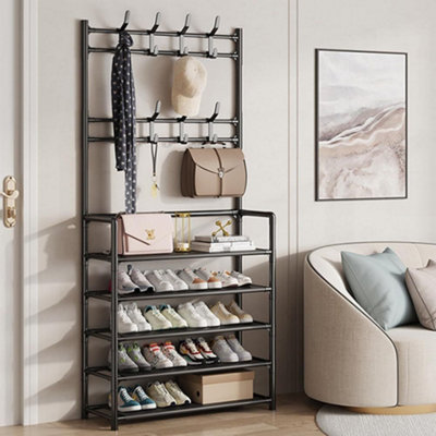 スチールラック・メタルラック WHAT WE WANT TRIPATH PRODUCTS HACO Black Metal Coat & Shoe Rack with 8 Hooks & 5 Tiers - Hallway