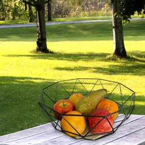 Black Metal Fruit Bowl with Wooden Stand