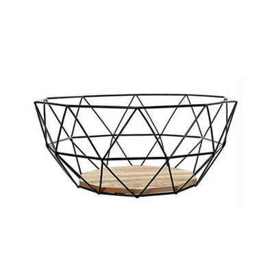 Black Metal Fruit Bowl with Wooden Stand - 3