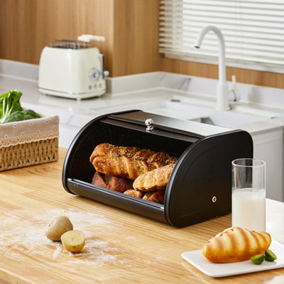 Black Metal Roll Top Bread Container Storage Box for Kitchen