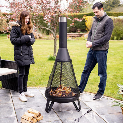 Black Miami Chimenea - Metal Outdoor Garden Patio Log Wood Burner Fire Pit Bowl with Stainless-Steel Flue Cap - Large, H150 x 58cm