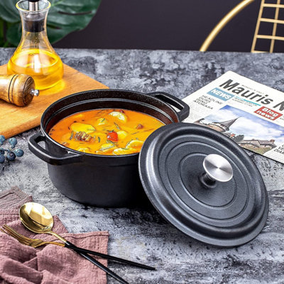 Black Mini Kitchen Cast Iron Round Casserole Pot Stew Pot Dutch Oven with Lid Dia 20cm