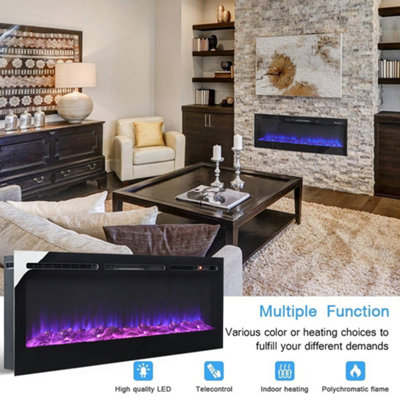 Black Mirror Effect Electric Fire Fireplace Wall Mounted or Recessed 12 Flame Color  with Remote Control 36 Inch