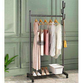 Black Mobile Garment Hanging Storage Clothes Rail Stand with Shoe Rack on Wheels 175.5cm