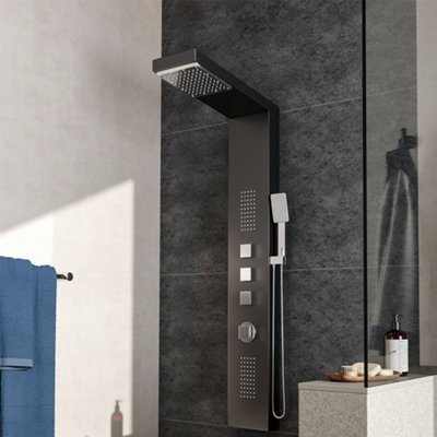Black Modern Exposed Shower Tower Panel Thermostatic Mixer Shower Set