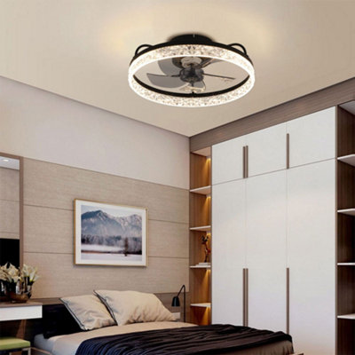 Black Modern Round Crystal Ceiling Fan Light with Remote Control 50cm ...