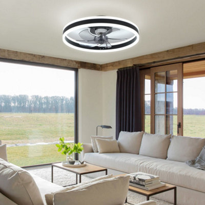 Black Modern Round Crystal Ceiling Fan with Light with Remote Control Dia 500mm