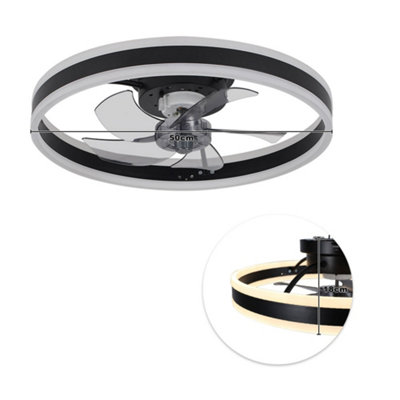 Black Modern Round Crystal Ceiling Fan with Light with Remote Control Dia 500mm