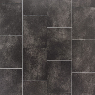 Black Modern Tile Effect Anti-Slip Vinyl Flooring for Bathroom, & Kitchen, 2.3mm Thick Vinyl Sheet-2m(6'6") X 2m(6'6")-4m²