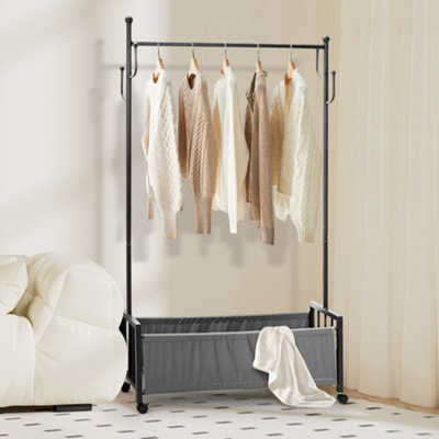 Black Movable Clothes Rack with Storage Basket and Hooks