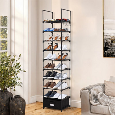 Black Multifunctional Detachable Shoe Rack with Hooks and Pull-Out Storage Box