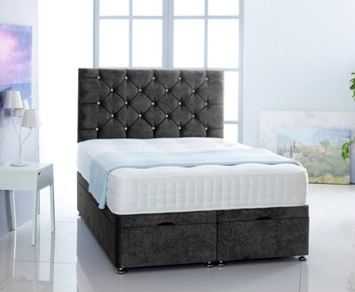 Black Naples Velvet Foot Lift Ottoman Bed With Memory Spring Mattress And Headboard 2FT6 Small Single