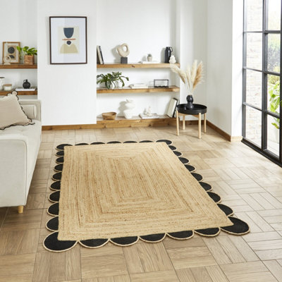 Black Natural Bordered 2mm Thick Modern Plain Rug, Handmade Rug for Bedroom, Living Room, & Dining Room-120cm X 170cm