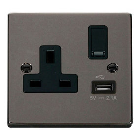 Black Nickel 1 Gang 13A DP 1 USB Switched Plug Socket - Black Trim - SE Home