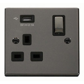 Black Nickel 1 Gang 13A DP Ingot 1 USB Switched Plug Socket - Black Trim - SE Home