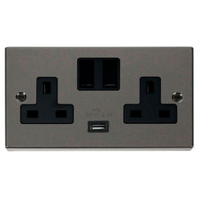 Black Nickel 2 Gang 13A 1 USB Twin Double Switched Plug Socket - Black Trim - SE Home
