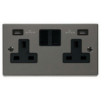 Black Nickel 2 Gang 13A 2 USB Twin Double Switched Plug Socket - Black ...