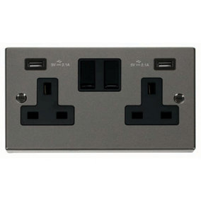Black Nickel 2 Gang 13A 2 USB Twin Double Switched Plug Socket - Black Trim - SE Home