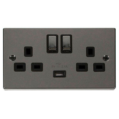 Black Nickel 2 Gang 13A DP Ingot 1 USB Twin Double Switched Plug Socket - Black Trim - SE Home
