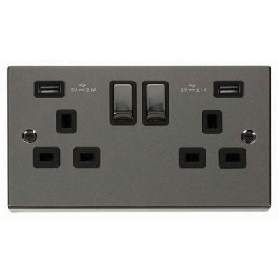 Black Nickel 2 Gang 13A DP Ingot 2 USB Twin Double Switched Plug Socket - Black Trim - SE Home