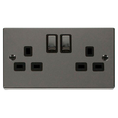 Black Nickel 2 Gang 13A DP Ingot Twin Double Switched Plug Socket - Black Trim - SE Home