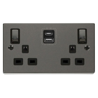 Black Nickel 2 Gang 13A DP Ingot Type A & C USB Twin Double Switched Plug Socket - Black Trim - SE Home