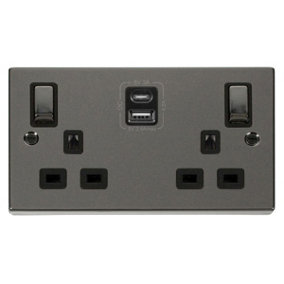 Black Nickel 2 Gang 13A DP Ingot Type A & C USB Twin Double Switched Plug Socket - Black Trim - SE Home