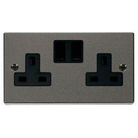 Black Nickel 2 Gang 13A Twin Double Switched Plug Socket - Black Trim - SE Home