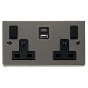 Black Nickel 2 Gang 13A Type A & C USB Twin Double Switched Plug Socket - Black Trim - SE Home