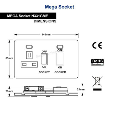 Black Nickel 45A Cooker Control Switch Unit with 13A Socket Neon ...