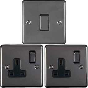 BLACK NICKEL Bedroom Socket & Switch Set - 1x Light Switch & 2x UK Power Sockets