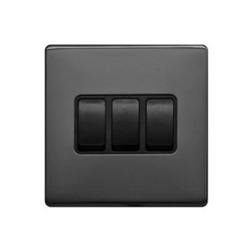 Black Nickel Screwless Plate 10A 3 Gang 2 Way Light Switch - Black Trim - SE Home