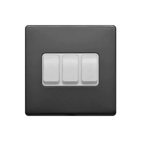 Black Nickel Screwless Plate 10A 3 Gang 2 Way Light Switch - White Trim - SE Home