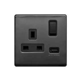 Black Nickel Screwless Plate 13A 1 Gang Switched Plug Socket (3.1A) USB Outlet - Black Trim - SE Home
