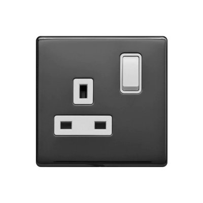 Black Nickel Screwless Plate 13A 1 Gang Switched Plug Socket, Double Pole - White Trim - SE Home