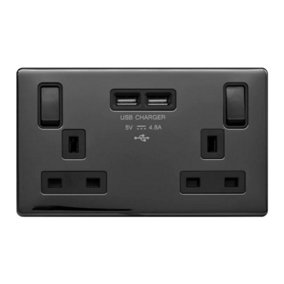 Black Nickel Screwless Plate 13A 2 Gang Switched DP Socket 2 x USB Outlet (4.8A) - Black Trim - SE Home