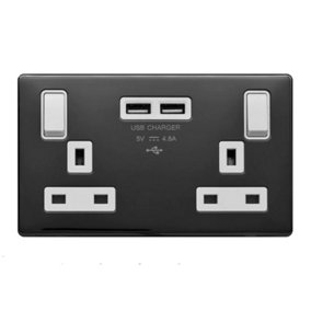 Black Nickel Screwless Plate 13A 2 Gang Switched DP Socket 2 x USB Outlet (4.8A) - White Trim - SE Home