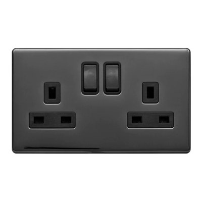 Black Nickel Screwless Plate 13A 2 Gang Switched Plug Socket, Double Pole - Black Trim - SE Home