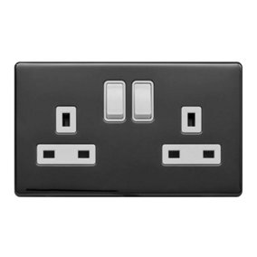 Black Nickel Screwless Plate 13A 2 Gang Switched Plug Socket, Double Pole - White Trim - SE Home