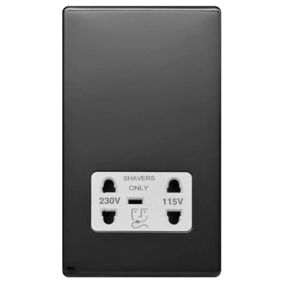 Black Nickel Screwless Plate Shaver Socket 230/115V Plate - White Trim - SE Home