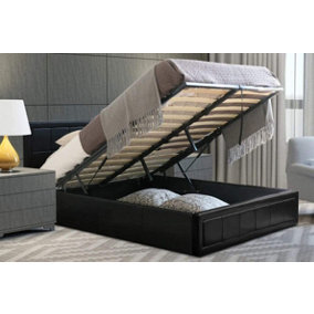 Black Ottoman Leather Bed Frame Double  With Pocket Sprung & Memory Foam Mattress