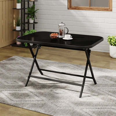 Black Outdoor 120cmW Metal Folding Glass Table with Parasol Hole