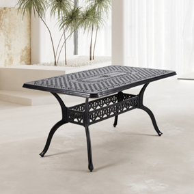 Black Outdoor Cast Aluminum Rectangular Patio Dining Table with Umbrella Hole 150cm