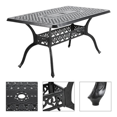Black Outdoor Cast Aluminum Rectangular Patio Dining Table with Umbrella Hole 150cm