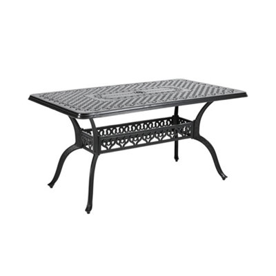 Black Outdoor Cast Aluminum Rectangular Patio Dining Table with Umbrella Hole 150cm