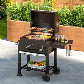 Black Outdoor Charcoal BBQ Grill Portable Trolley Garden Grill with Wheels 113 cm