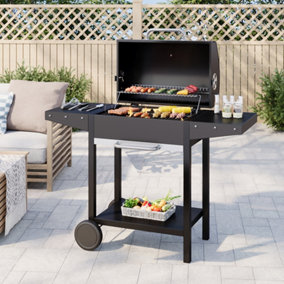 Black Outdoor Charcoal BBQ Grill with Lid Cover and Wheels Black