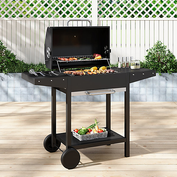 Black Outdoor Charcoal BBQ Grill with Lid Cover and Wheels Black Black Outdoor Charcoal BBQ Grill with Lid Cover and Wheels Black